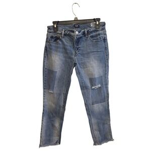 Gap Denim Womens Medium Wash Patchwork Distressed Straight Leg Jeans Raw Hem